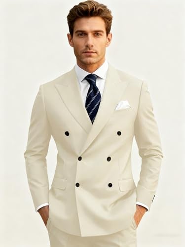 Wangyue Beige Suit Men Double Breasted Suit Slim Fit 2 Piece Mens Beige Double Breasted Blazer for Wedding Peak Lapel Formal Business Prom Party Tuxedo Blazer Pants L - Image 2