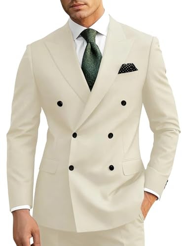 Wangyue Beige Suit Men Double Breasted Suit Slim Fit 2 Piece Mens Beige Double Breasted Blazer for Wedding Peak Lapel Formal Business Prom Party Tuxedo Blazer Pants L - Image 1