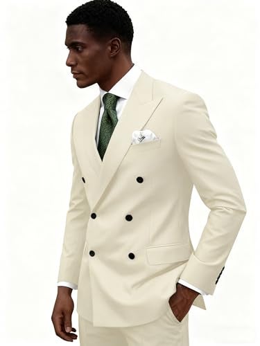 Wangyue Beige Suit Men Double Breasted Suit Slim Fit 2 Piece Mens Beige Double Breasted Blazer for Wedding Peak Lapel Formal Business Prom Party Tuxedo Blazer Pants L - Image 3