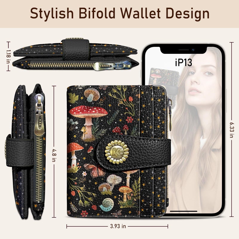 Kelvoris Mushroom Moon Night Small Rfid Women Wallet Bifold Zipper Coin Pocket PU Leather Compact Cash Credit Card Holder Travel Wallet for Female Ladies Teen Girls 1 ID Window 10 Card Slots - Image 5