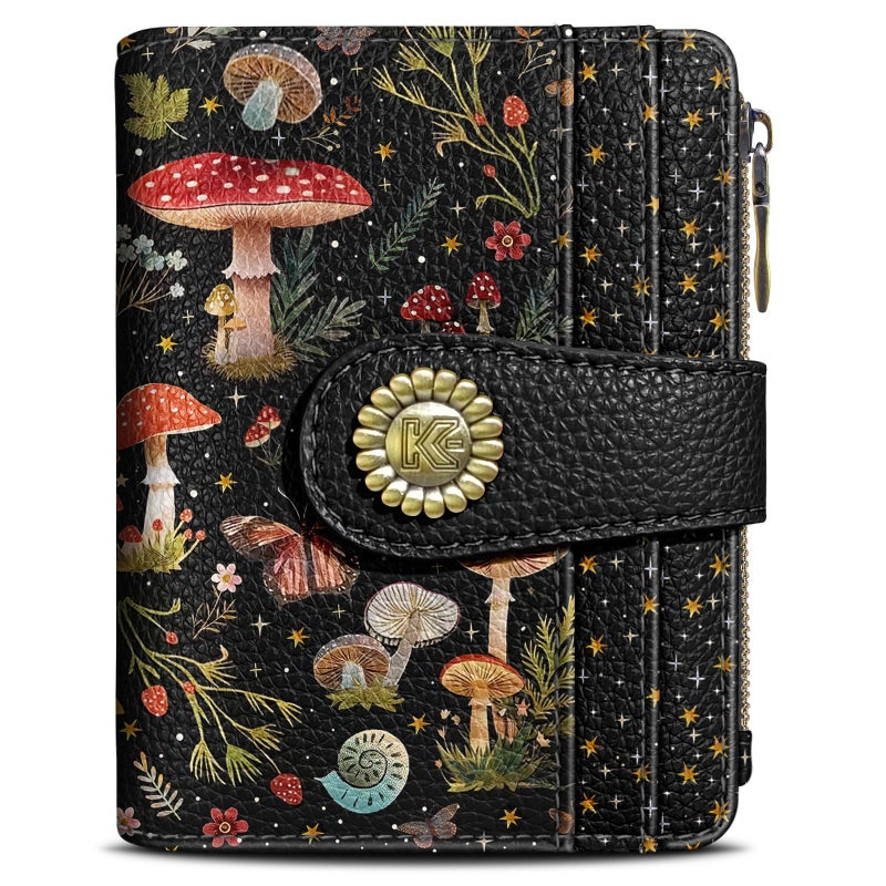 Kelvoris Mushroom Moon Night Small Rfid Women Wallet Bifold Zipper Coin Pocket PU Leather Compact Cash Credit Card Holder Travel Wallet for Female Ladies Teen Girls 1 ID Window 10 Card Slots - Image 1