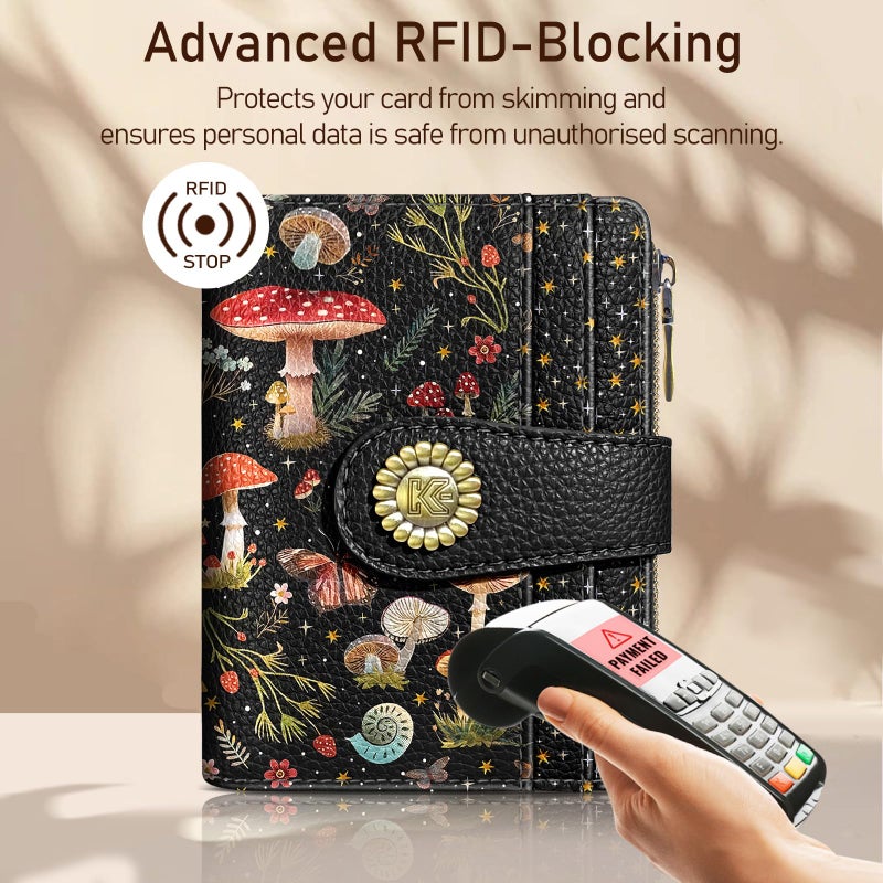 Kelvoris Mushroom Moon Night Small Rfid Women Wallet Bifold Zipper Coin Pocket PU Leather Compact Cash Credit Card Holder Travel Wallet for Female Ladies Teen Girls 1 ID Window 10 Card Slots - Image 3
