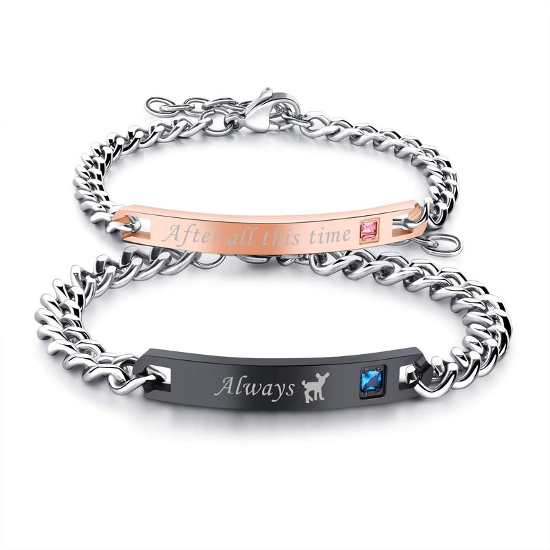 Cupimatch 2pcs CZ His and Hers Couple Bracelets Set, Adjustable Titanium Stainless Steel After All This time Always Love Matching Bracelet Link Jewelry Set - Image 2