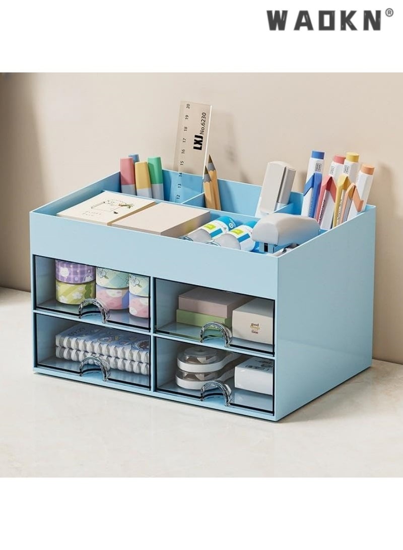 WAOKN Desk Organizer with Drawer, Office Desktop Organizer Stationary Organizer Desktop Pen Pencil Card Holder Storage Box, Office Supplies Desk Accessories for Office, Home, School (blue)  - Image 2