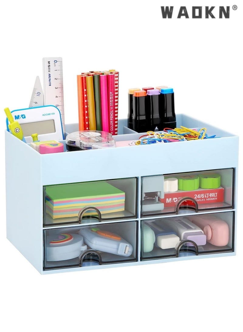 WAOKN Desk Organizer with Drawer, Office Desktop Organizer Stationary Organizer Desktop Pen Pencil Card Holder Storage Box, Office Supplies Desk Accessories for Office, Home, School (blue)  - Image 1