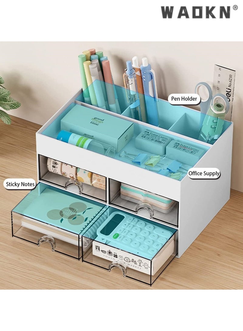 WAOKN Desk Organizer with Drawer, Office Desktop Organizer Stationary Organizer Desktop Pen Pencil Card Holder Storage Box, Office Supplies Desk Accessories for Office, Home, School (blue)  - Image 3