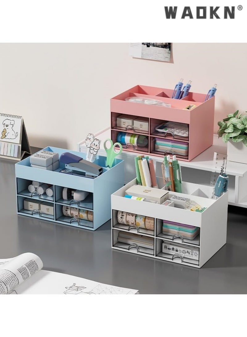 WAOKN Desk Organizer with Drawer, Office Desktop Organizer Stationary Organizer Desktop Pen Pencil Card Holder Storage Box, Office Supplies Desk Accessories for Office, Home, School (blue)  - Image 5