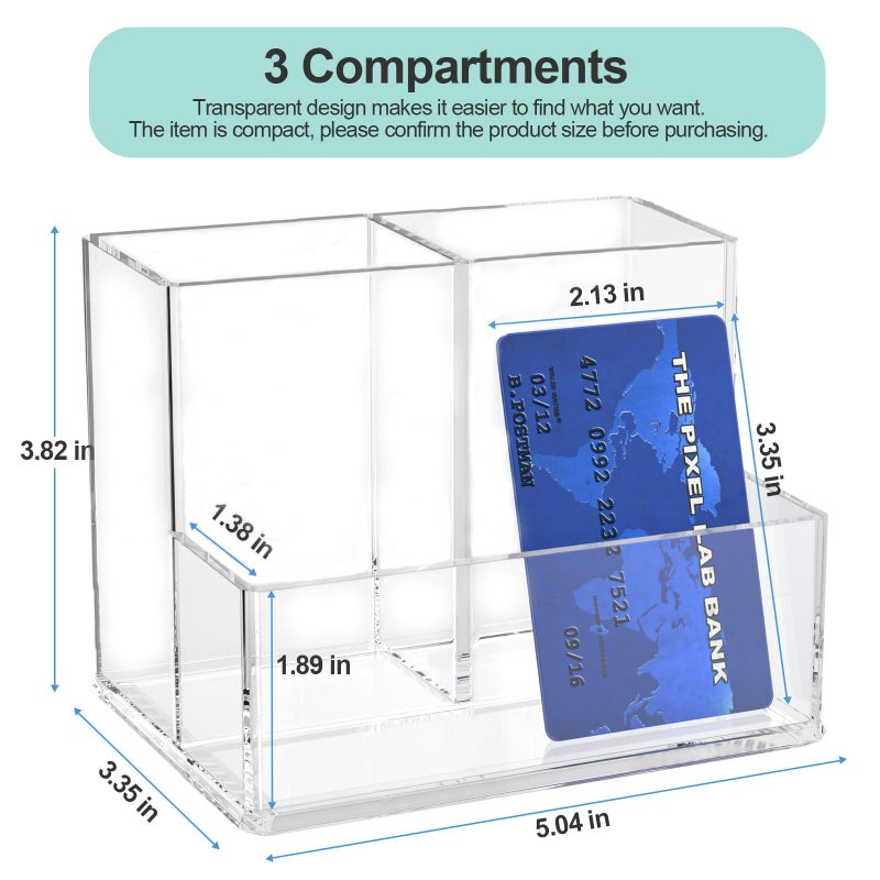 runzoos Clear Pen Holder for Desk, Small Acrylic Pencil Holder, Compact Makeup Brush Holder Organizer for Vanity, Pen Pencil Organizer Cup, Office Desk Organizer and Accessories, 3 Compartment Design - Image 2