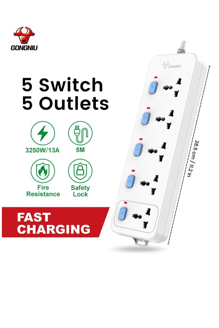 غونغنيو كابل تمديد كهربائي بـ 5 مقابس و5 مفاتيح مستقلة – سلك قوي بطول 5 أمتار، 3250 واط / 13 أمبير – لوح تمديد مقاوم للحريق مع قفل أمان للاستخدام المنزلي والمكتبي - Image 2