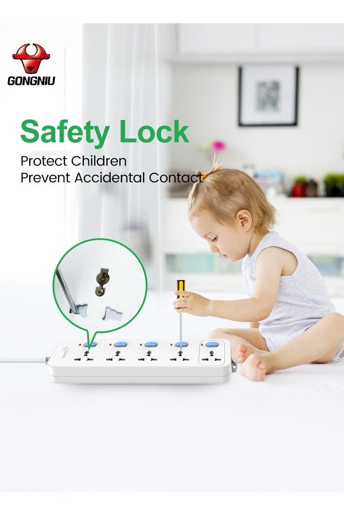 غونغنيو كابل تمديد كهربائي بـ 5 مقابس و5 مفاتيح مستقلة – سلك قوي بطول 5 أمتار، 3250 واط / 13 أمبير – لوح تمديد مقاوم للحريق مع قفل أمان للاستخدام المنزلي والمكتبي - Image 4