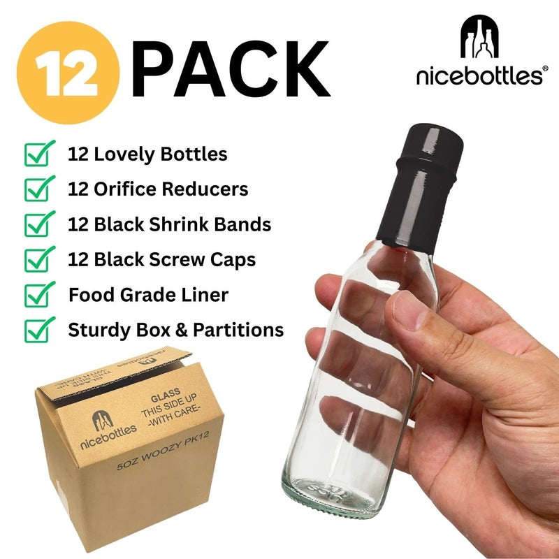 nicebottles Hot Sauce Bottles with Black Caps & Shrink Bands, 5 Oz - 12 Pack - Image 2