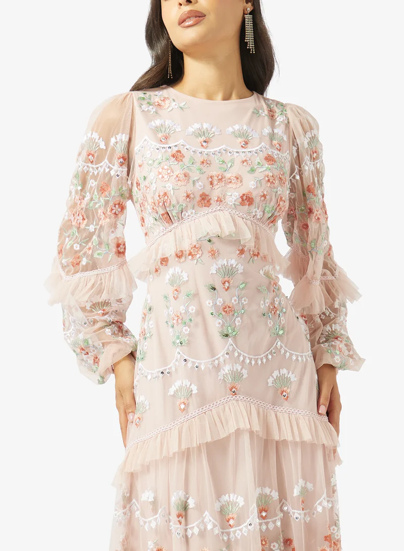 Maya  Fully Embroidered Frill Detail Long Sleeve Maxi Dress for Women | Best Price UAE