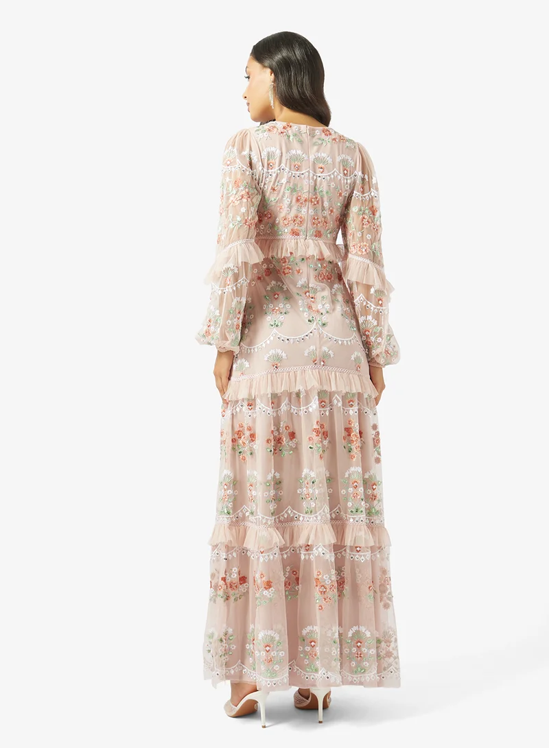 Maya Fully Embroidered Frill Detail Long Sleeve Maxi Dress