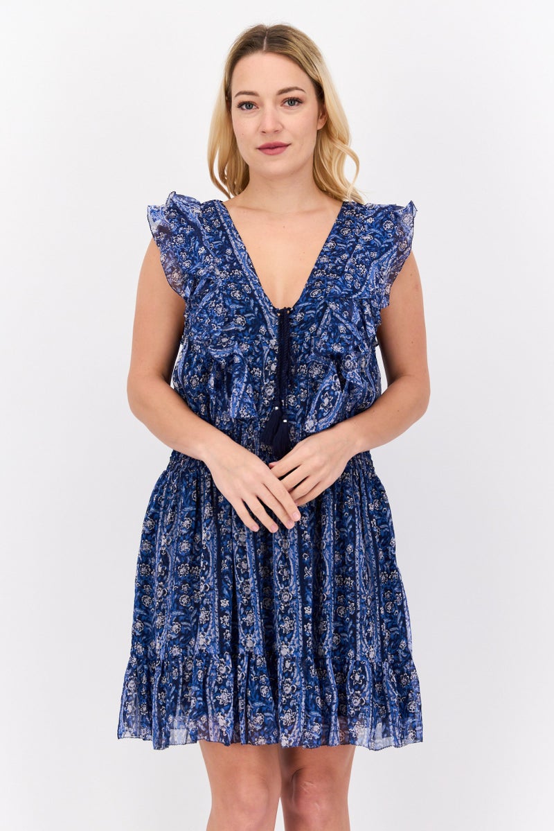 Pepe Jeans Women Floral Print Mini Dress, Blue Combo - Image 1