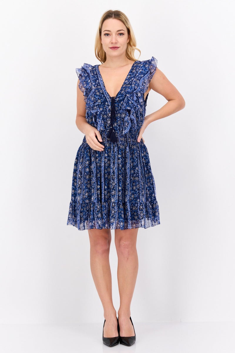 Pepe Jeans Women Floral Print Mini Dress, Blue Combo - Image 2