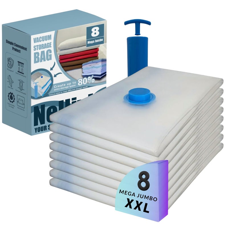 Nellivia 8 Mega Jumbo XXL Vacuum Storage Bags with Pump, Supersized Compression Space Saver for Comforter, duvet, Bedding, Blanket storage, Vacuum Seal Bags for Clothing, Durable Safe Poly Material - Image 1