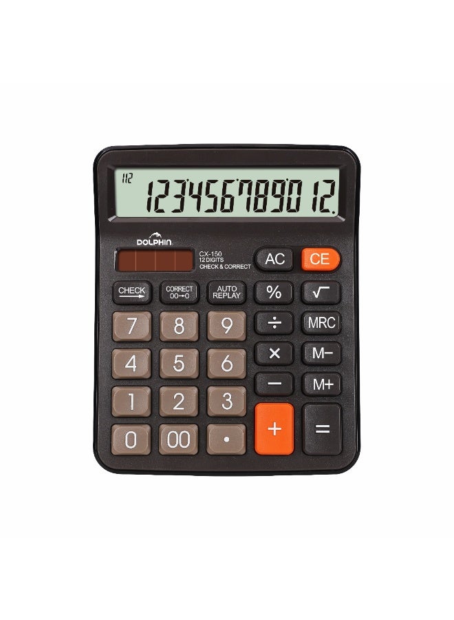 Dolphin CX-150 Desktop Calculator – 12 Digit Big LCD Display, 112 Step Check & Correct, Dual Power Solar & Battery, Memory Functions, Office Calculator for Business, School & Home