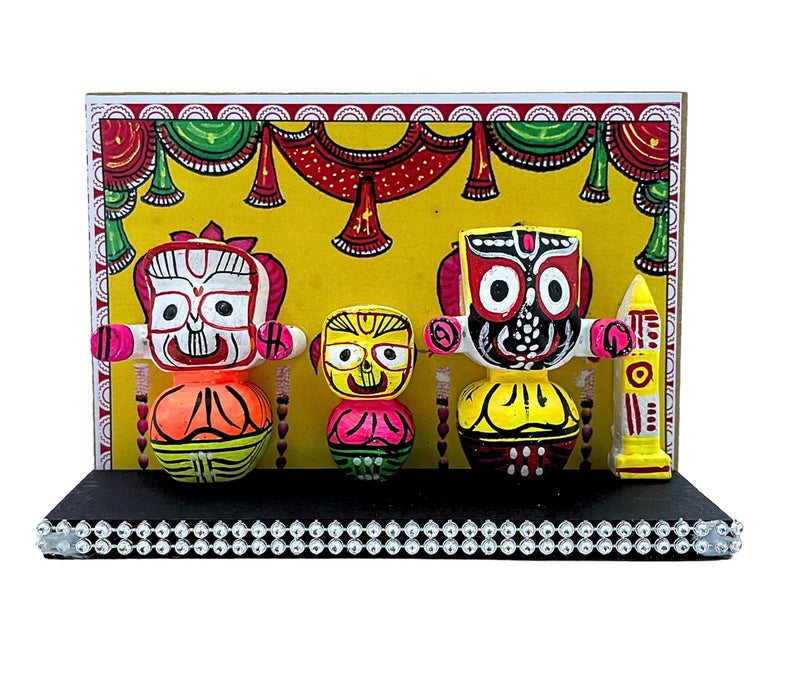 FernHaus Lord Jagannath Balabhadra Subhadra Idol with Sudarshan Chakra Statue in Wooden Stand for Home Decor Mandir Pooja Religious Murti Temple Puja Office Table Showpiece Multicolour2 - Image 1