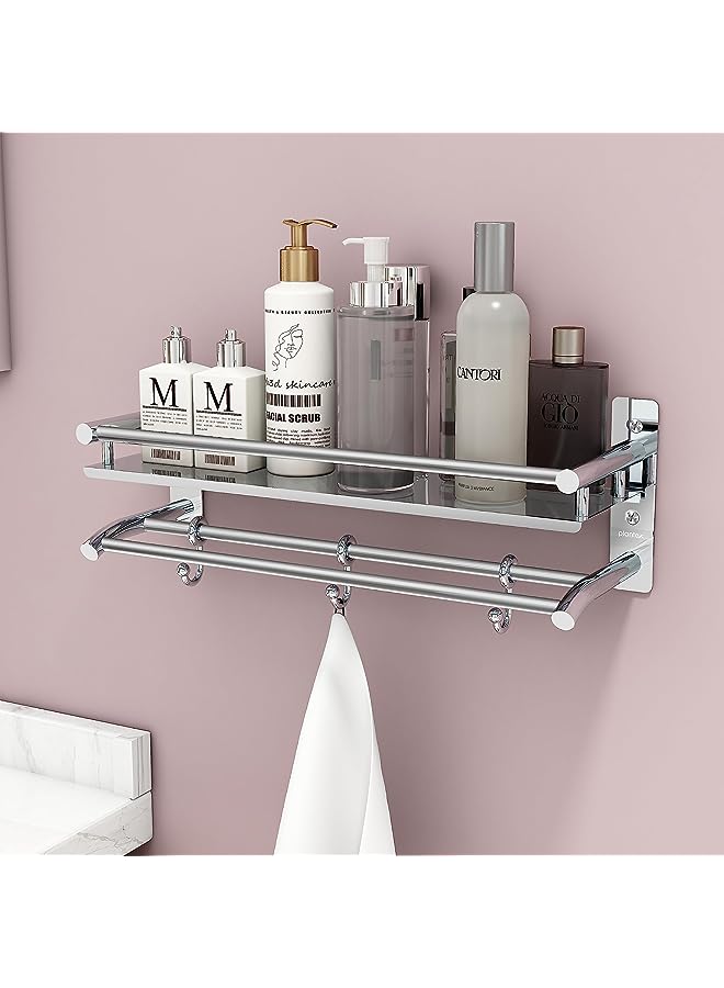 vesus Stainless Steel Bathroom Shelf/Rack with Towel Holder/Towel Hooks/Bathroom Accessories Wall-Mount (Chrome Finish) (2-Tier) - Image 1