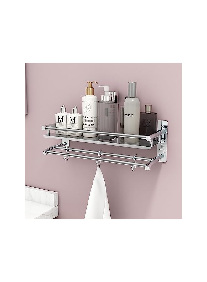 vesus Stainless Steel Bathroom Shelf/Rack with Towel Holder/Towel Hooks/Bathroom Accessories Wall-Mount (Chrome Finish) (2-Tier) - Image 3