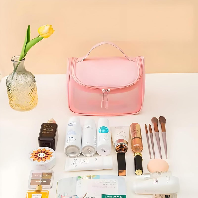 CLAPONE Makeup Organizer Pouch for Women Makeup Pouch Travel Toiletries Organizer | Cosmetic Bag for Women | Portable PU Leather Carry Case | Waterproof Bathroom & Travel Organizer (Washing Bag-Pink) - Image 3