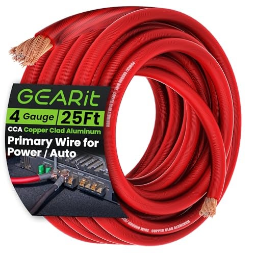 GEARit، سلك 4 قياس، للطاقة/الأرض، كابل بطارية، صوت السيارة، RV، مضخم، سلك، سلك سيارات، سلك CCA، مجموعة مضخم، كابلات بطارية، مجموعة توصيل مضخم، 25 قدم، أحمر شفاف - Image 1