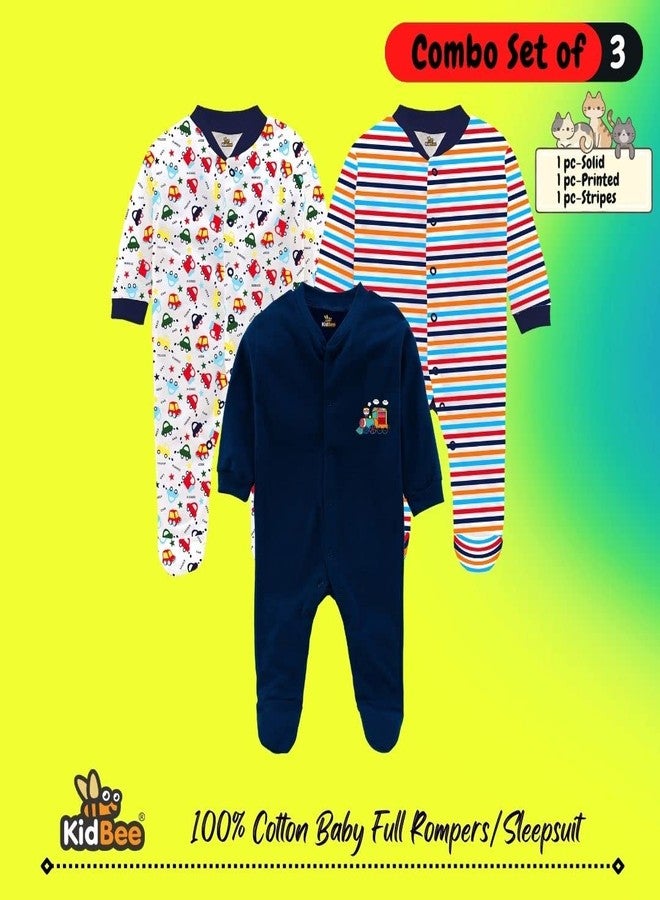 Kidbee Baby Boys & Baby Girls Cotton Bodysuits/Sleepsuit (Pack of 3) (DarkBlue, 3-6 Months) - Image 3