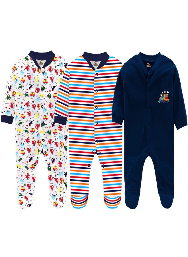 Kidbee Baby Boys & Baby Girls Cotton Bodysuits/Sleepsuit (Pack of 3) (DarkBlue, 3-6 Months) - Image 1