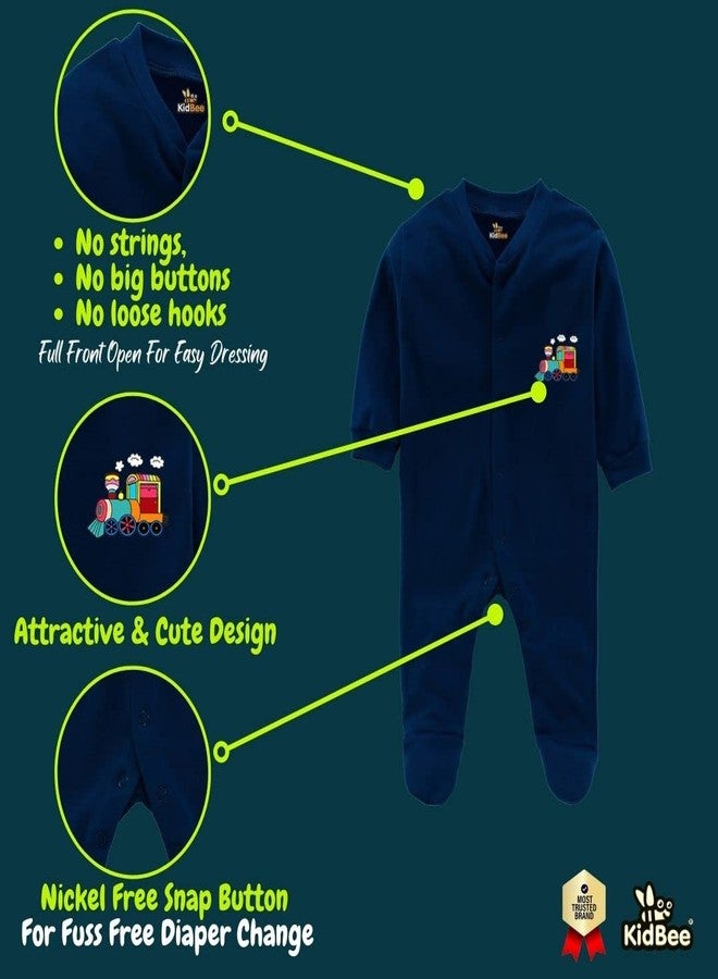 Kidbee Baby Boys & Baby Girls Cotton Bodysuits/Sleepsuit (Pack of 3) (DarkBlue, 3-6 Months) - Image 4