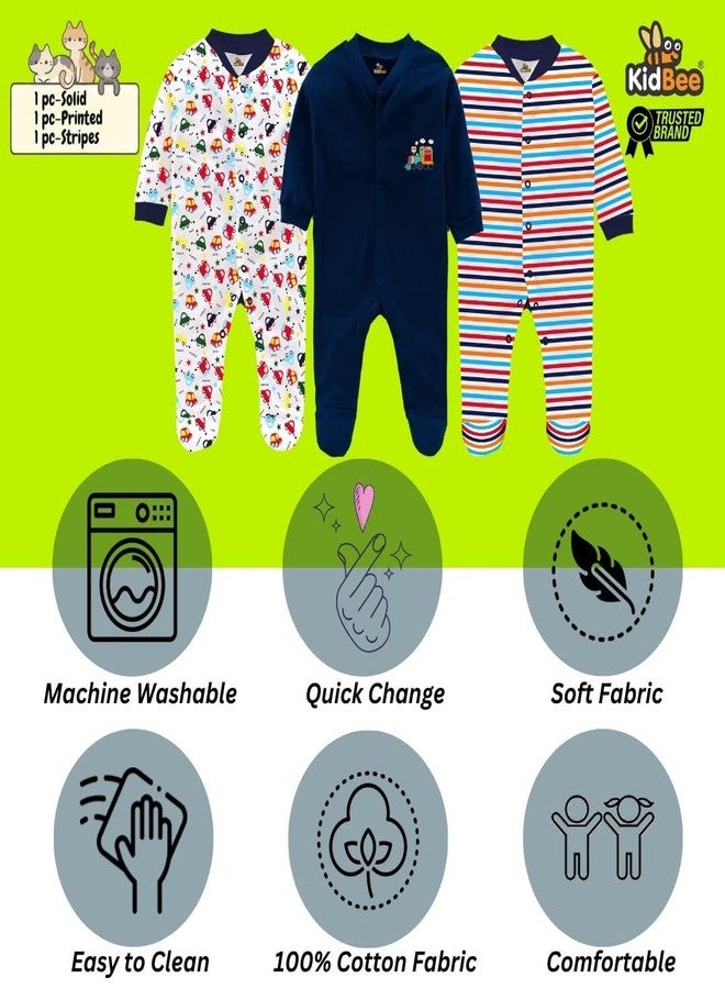 Kidbee Baby Boys & Baby Girls Cotton Bodysuits/Sleepsuit (Pack of 3) (DarkBlue, 3-6 Months) - Image 5