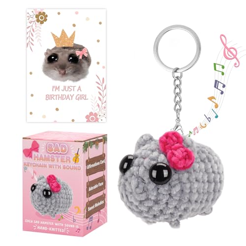 Dalycro Tiktok Sad Hamster Meme Bow Keychain with Sound Upgrade Hand-Knitted Sad Hamster Plush with Gift Box & Card for Women Birthday Christmas - Image 1