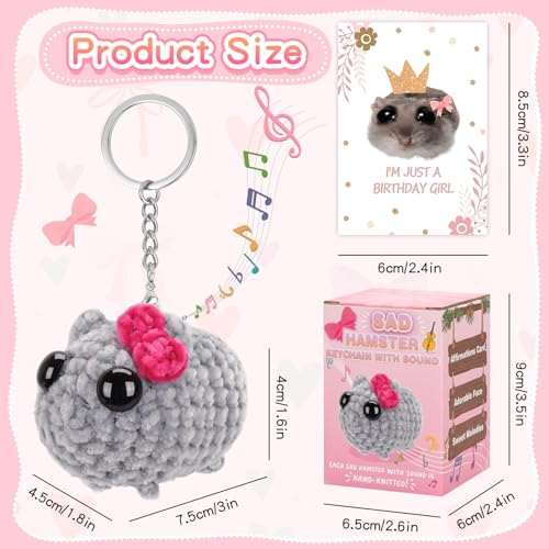 Dalycro Tiktok Sad Hamster Meme Bow Keychain with Sound Upgrade Hand-Knitted Sad Hamster Plush with Gift Box & Card for Women Birthday Christmas - Image 2