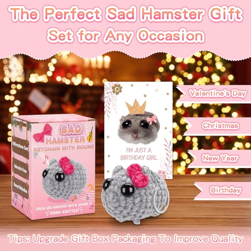 Dalycro Tiktok Sad Hamster Meme Bow Keychain with Sound Upgrade Hand-Knitted Sad Hamster Plush with Gift Box & Card for Women Birthday Christmas - Image 5