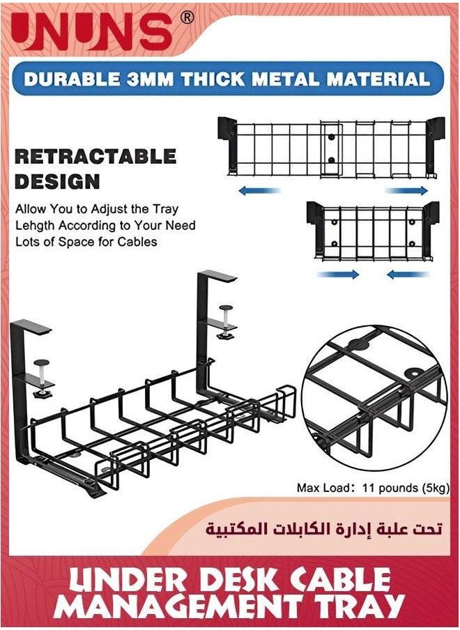 UNUNS Expandable Retractable Under Desk Cable Management Tray,No-Drilling 21.5 Inch Adjustable Cord Keep Your Cables Organized and Tidy,Wire Tray For Home Office,Black  - Image 2