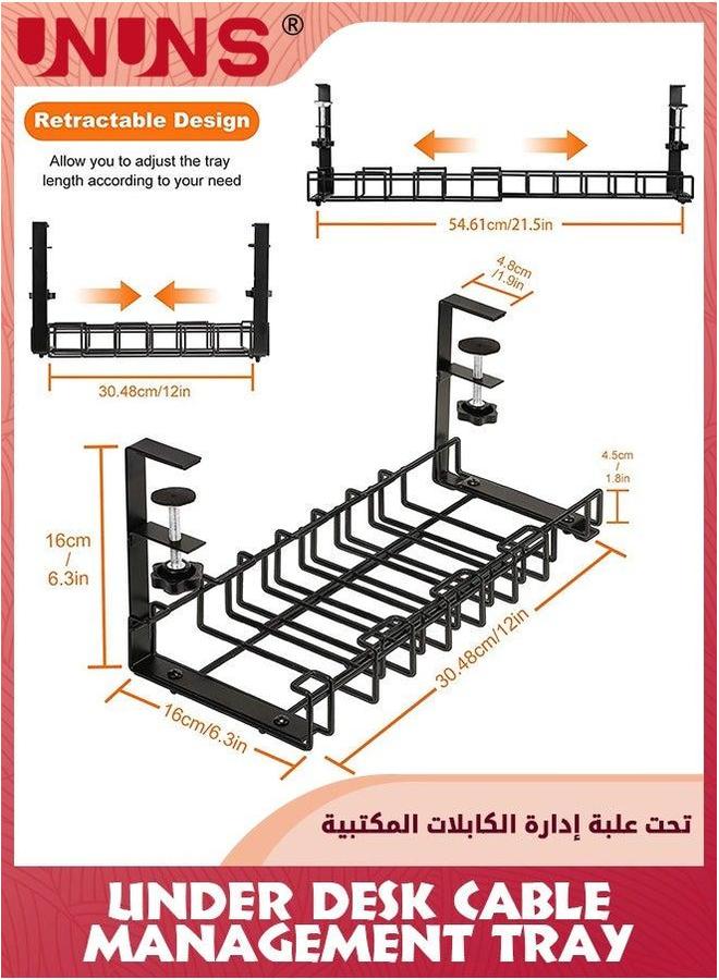 Expandable Retractable Under Desk Cable Management Tray,No-Drilling 21.5 Inch Adjustable Cord Keep Your Cables Organized and Tidy,Wire Tray For Home Office,Black