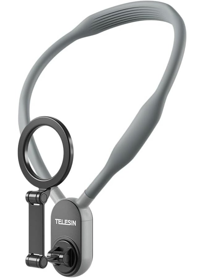 TELESIN Magnetic Neck Mount for Phones, Cell Phone Holder Stand Hanging on Neck POV/Vlog Selfie Hand Free Necklace Phone Strap Video Recording for iPhone 15 14 13 12 Series Android Phones (Grey) - Image 1