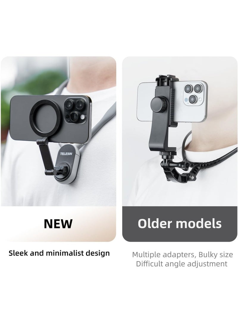 TELESIN Magnetic Neck Mount for Phones, Cell Phone Holder Stand Hanging on Neck POV/Vlog Selfie Hand Free Necklace Phone Strap Video Recording for iPhone 15 14 13 12 Series Android Phones (Grey) - Image 3