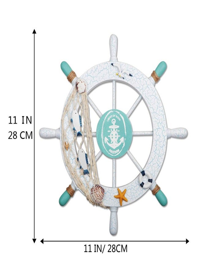 Meching 2 Pack 11" Nautical Beach Wooden Ship Wheel and 13" Wood Anchor with Rope Nautical Boat Steering Wheel Rudder Anchor Wall Decor Door Hanging Ornament Beach Theme Home Decoration(White&Green) - Image 2