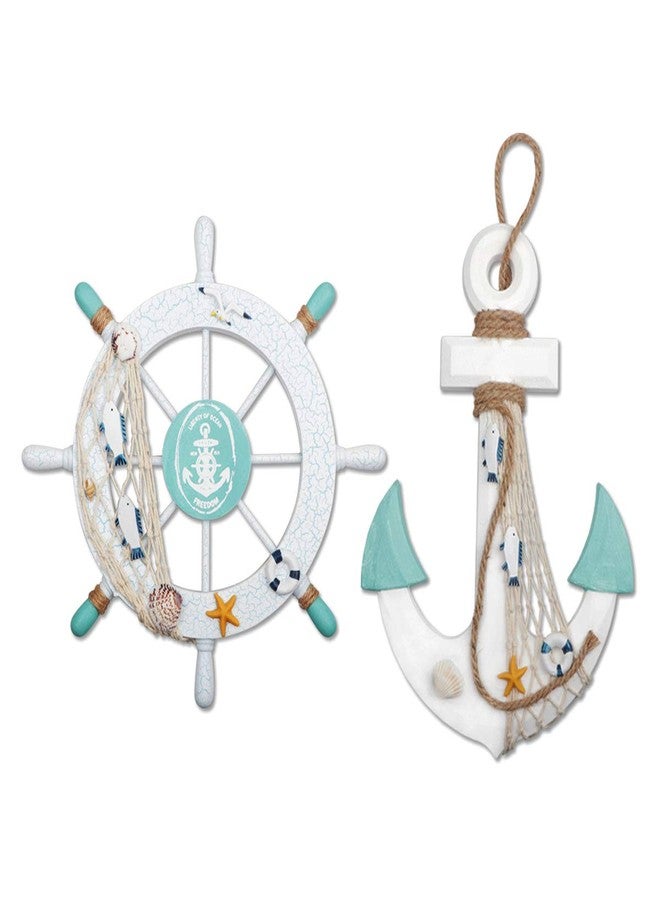 Meching 2 Pack 11" Nautical Beach Wooden Ship Wheel and 13" Wood Anchor with Rope Nautical Boat Steering Wheel Rudder Anchor Wall Decor Door Hanging Ornament Beach Theme Home Decoration(White&Green) - Image 1