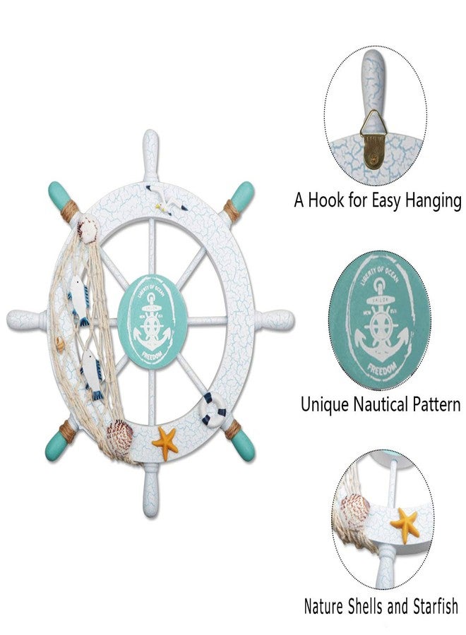 Meching 2 Pack 11" Nautical Beach Wooden Ship Wheel and 13" Wood Anchor with Rope Nautical Boat Steering Wheel Rudder Anchor Wall Decor Door Hanging Ornament Beach Theme Home Decoration(White&Green) - Image 4