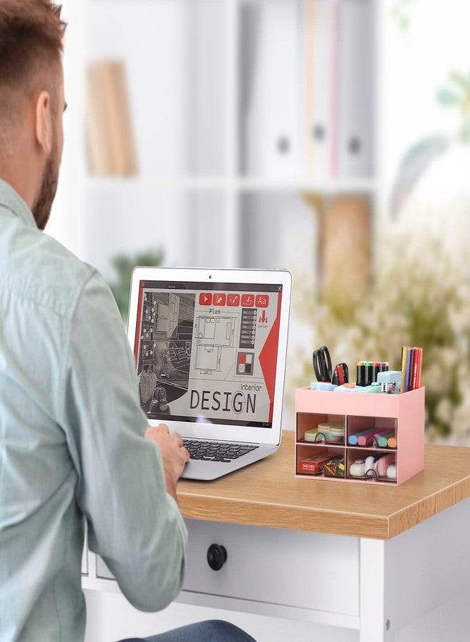 LETURE Office Desktop Organizer with Drawer, Desk Top Accessories Stationary Organizer Desk Caddy, Pen/Pencil/Business Card/Sticky Note Tray/Paperclip Holder Storage Box (Pink) - Image 3