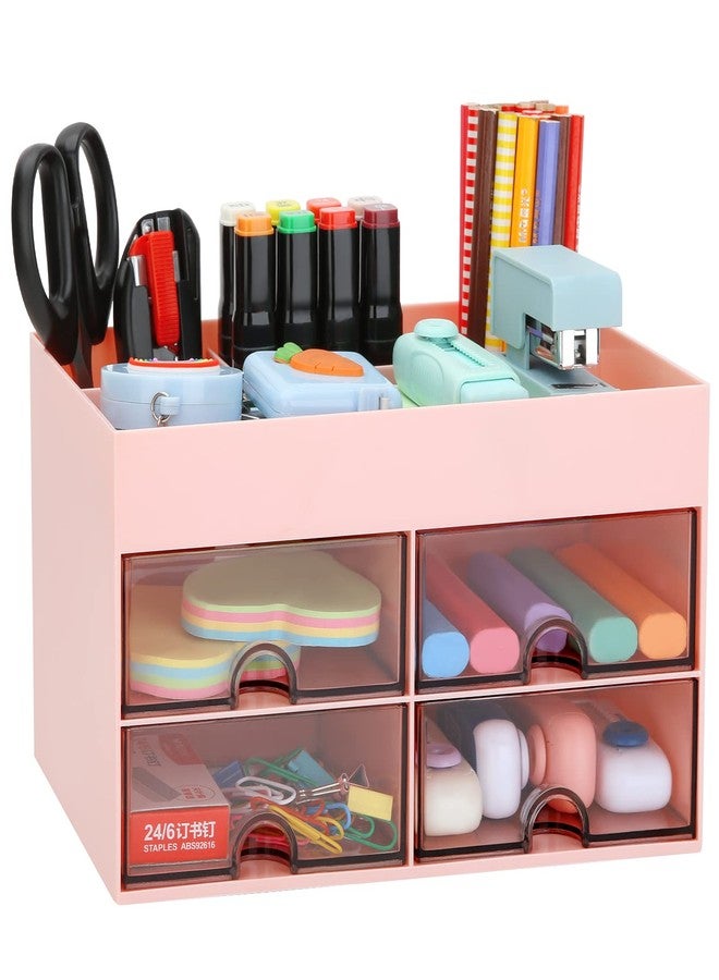 LETURE Office Desktop Organizer with Drawer, Desk Top Accessories Stationary Organizer Desk Caddy, Pen/Pencil/Business Card/Sticky Note Tray/Paperclip Holder Storage Box (Pink) - Image 1