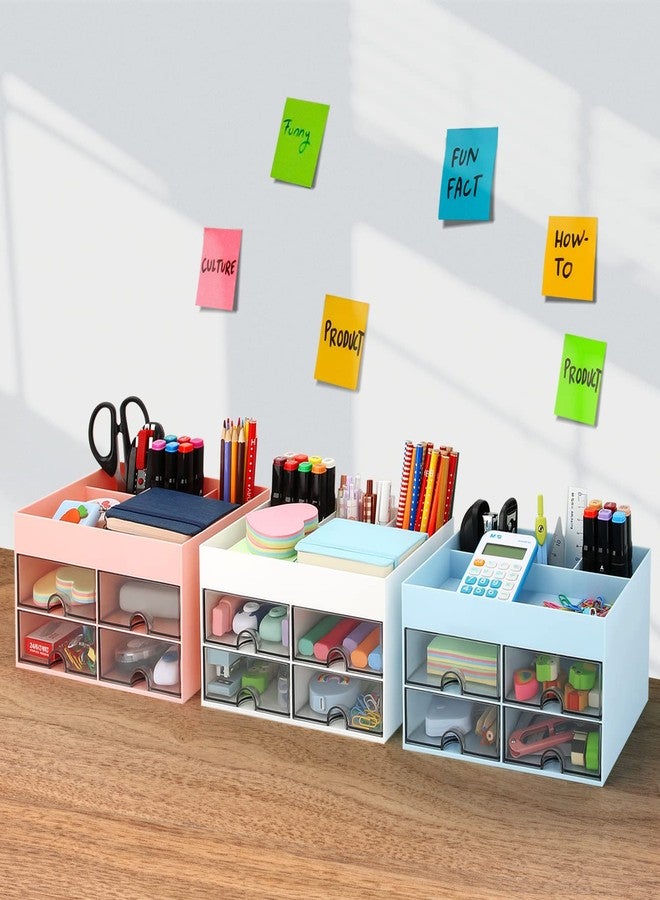 LETURE Office Desktop Organizer with Drawer, Desk Top Accessories Stationary Organizer Desk Caddy, Pen/Pencil/Business Card/Sticky Note Tray/Paperclip Holder Storage Box (Pink) - Image 2