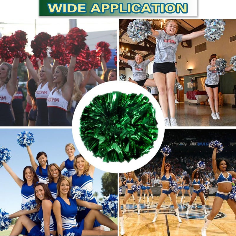 Lovecheer 2PCS Green Pom Poms Cheerleading Metallic Cheer Pompoms with Baton Handle for Sports Team Spirit Basketball Football Halloween Party Cheering - Image 4