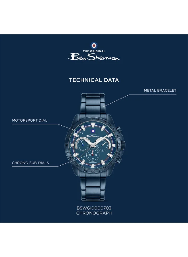 Ben Sherman blue Liverpool  Blue Dial Blue Stainless Steel Bracelet Chronograph Watch for Men, 44mm for Men | Best Price UAE