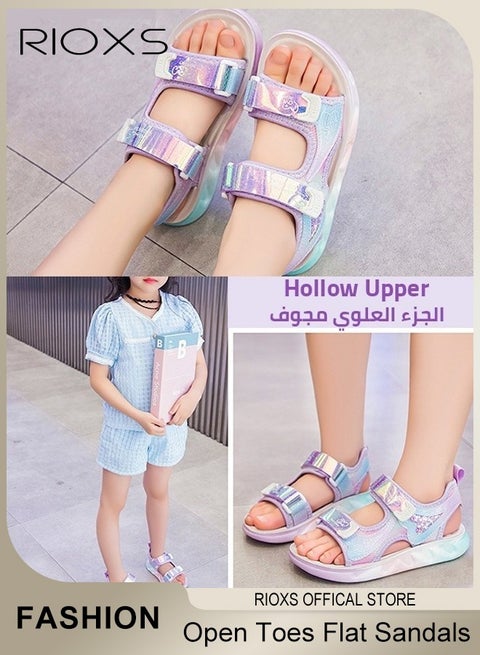 Kids Girls Sandal, Fashion Open Toes Sandals, Comfort Flat Sandals with Arch Support, Girls' Flutter Hearts Sandals with Adjustable Ankle Strap, Soft Sole Velcro Sandals, Slide Sandals for Little Kids/ Big Kids, Summer Sandals for School Travel Park, Back-to-school Must-Have Sandals, Purple Sandal Girls Footwear