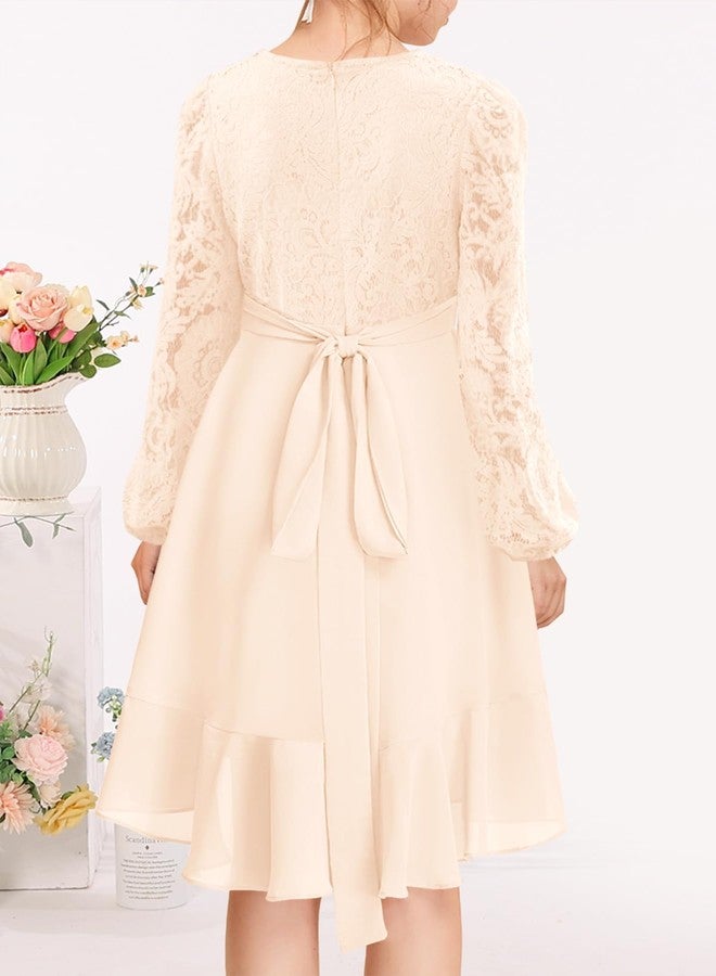 MITILLY Girls Lace Flower Ruffle Dress Long Sleeve Chiffon A Line High Low Junior Bridesmaid Dresses for Wedding Party, Apricot, 10 Years - Image 4