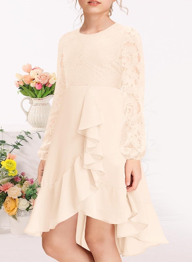 MITILLY Girls Lace Flower Ruffle Dress Long Sleeve Chiffon A Line High Low Junior Bridesmaid Dresses for Wedding Party, Apricot, 10 Years - Image 3