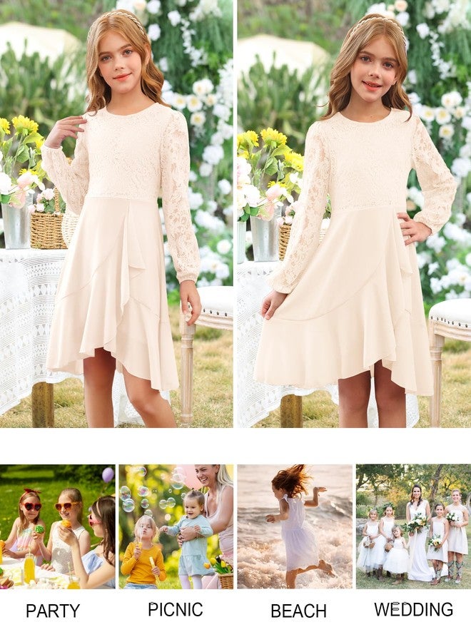 MITILLY Girls Lace Flower Ruffle Dress Long Sleeve Chiffon A Line High Low Junior Bridesmaid Dresses for Wedding Party, Apricot, 10 Years - Image 5