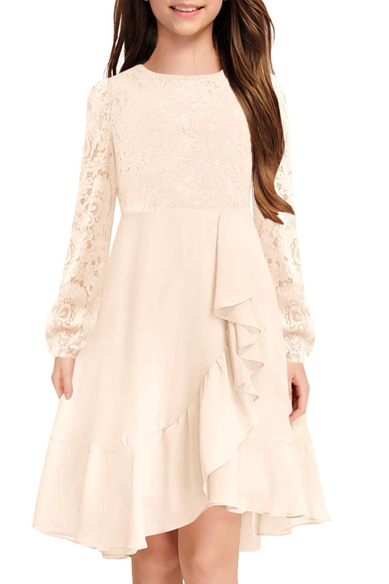 MITILLY Girls Lace Flower Ruffle Dress Long Sleeve Chiffon A Line High Low Junior Bridesmaid Dresses for Wedding Party, Apricot, 10 Years - Image 1